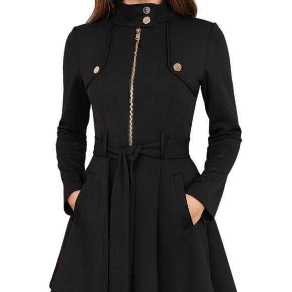 Main Strip Black Zip-Front Belted Dress Moto/Military Fit & Flare Size S - Picture 2 of 14